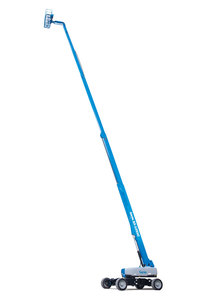 A large blue crane lift is stationed fully-extended in front of a white backdrop.