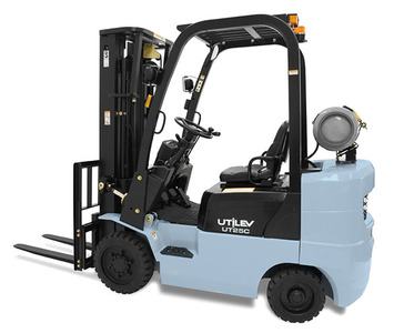 A blue and grey Utilev forklift is stationed in front of a white backdrop.