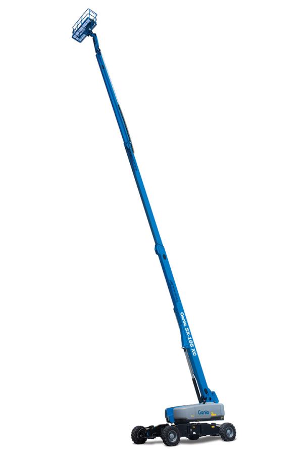 A fully-extended blue crane lift that is stationary in front of a white backdrop.