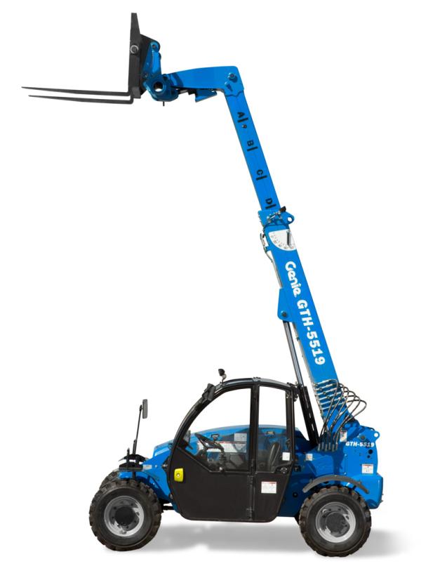 A blue crane forklift that is stationed in front of a white backdrop.
