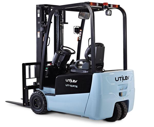 A blue and black Utilev forklift is stationed in front of a white backdrop.