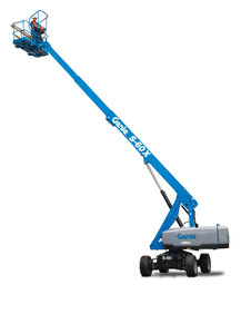 A fully extended blue crane lift that is stationed in front of a white backdrop.