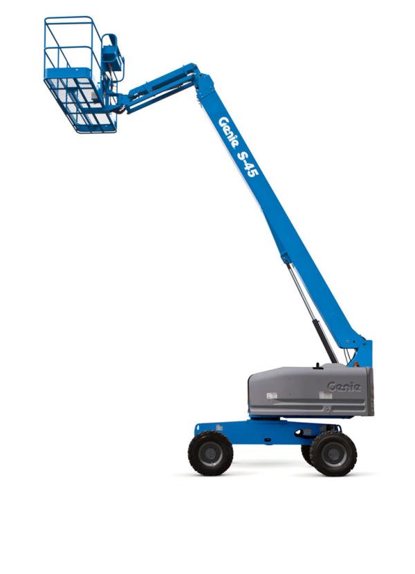 A fully extended blue crane lift that is stationed in front of a white backdrop.