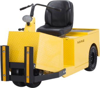 A yellow and black Pack Mule that is stationed in front of a black backdrop.