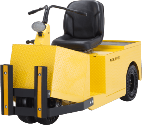 A yellow and black Pack Mule that is stationed in front of a black backdrop.