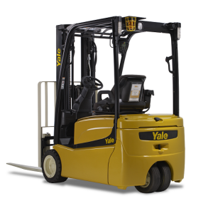 A black and yellow Yale forklift that is parked in front a white backdrop.