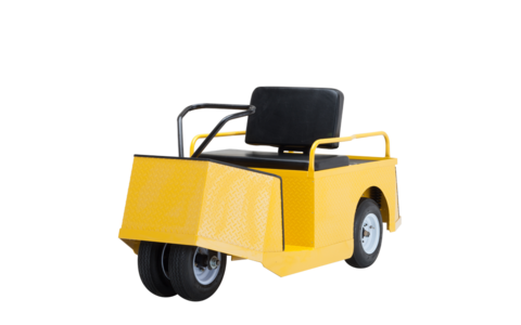 A yellow and black Pack Mule that is stationed in front of a black backdrop.