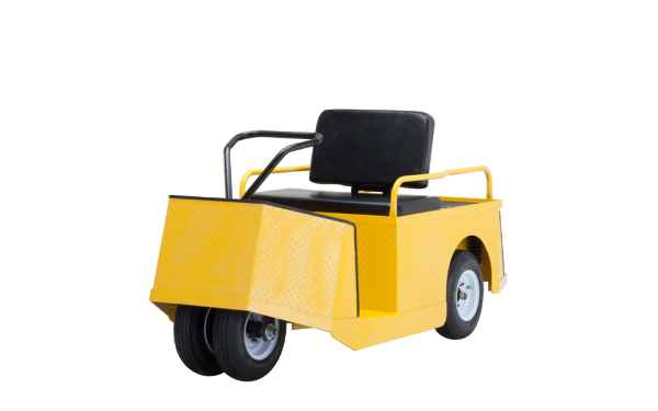 A yellow and black Pack Mule that is stationed in front of a black backdrop.