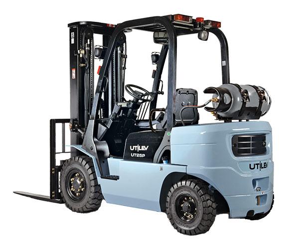 A blue and grey Utilev forklift is stationed in front of a white backdrop.