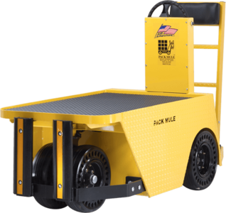 A yellow and black Pack Mule that is stationed in front of a black backdrop.
